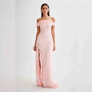 MESHKI AUDREY OFF SHOULDER MESH MAXI DRESS